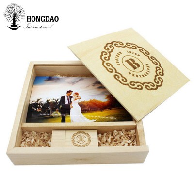 HONGDAO custom wooden usb flash drive photo box with sliding lid wholesale