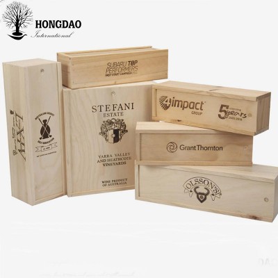 HONGDAO custom made hot sale unfinished pine wood box single wine gift packaging wooden box