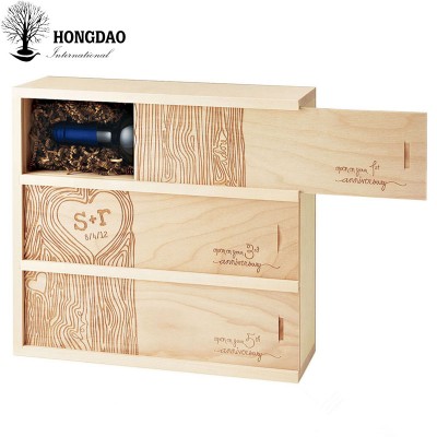 HONGDAO custom logo natural color pine wooden wine gift packaging box with hinge lid wholesale price